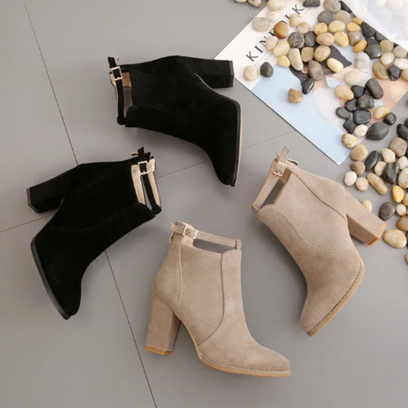 Helen Boots | Women's Buckled High Block Heel Boots