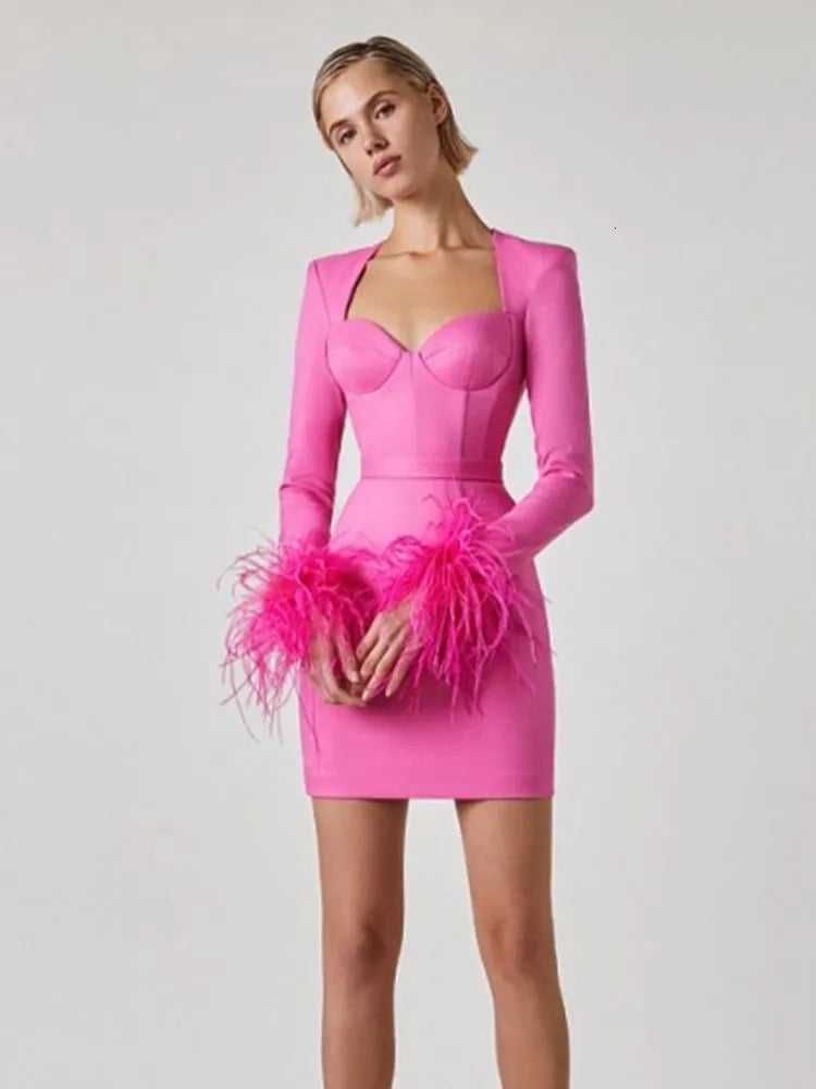 Blair Feather Dress | Women’s Long Sleeve Fitted Dress with Statement Feather Details