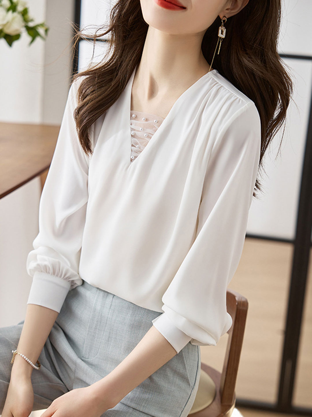 Jillian Blouse | Classic V-Neck Satin Blouse with Pearl Detail