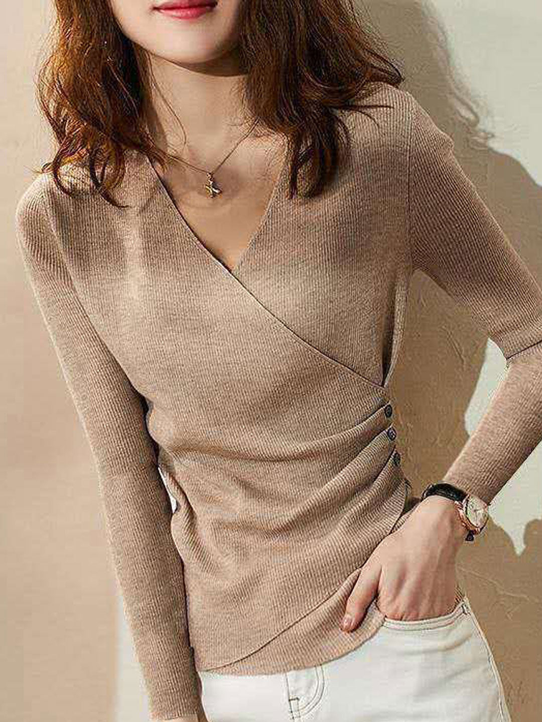 Jeanette Top | Women's Jocelyn Casual V-Neck Solid Color Knitted Top