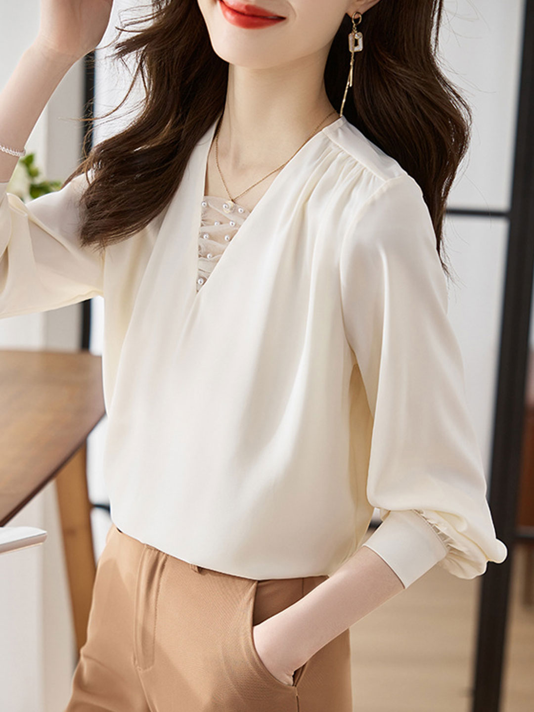 Jillian Blouse | Classic V-Neck Satin Blouse with Pearl Detail