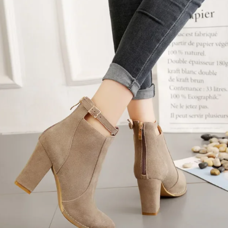 Helen Boots | Women's Buckled High Block Heel Boots