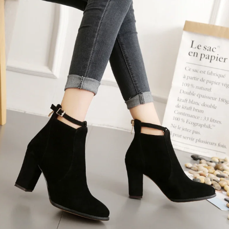 Helen Boots | Women's Buckled High Block Heel Boots