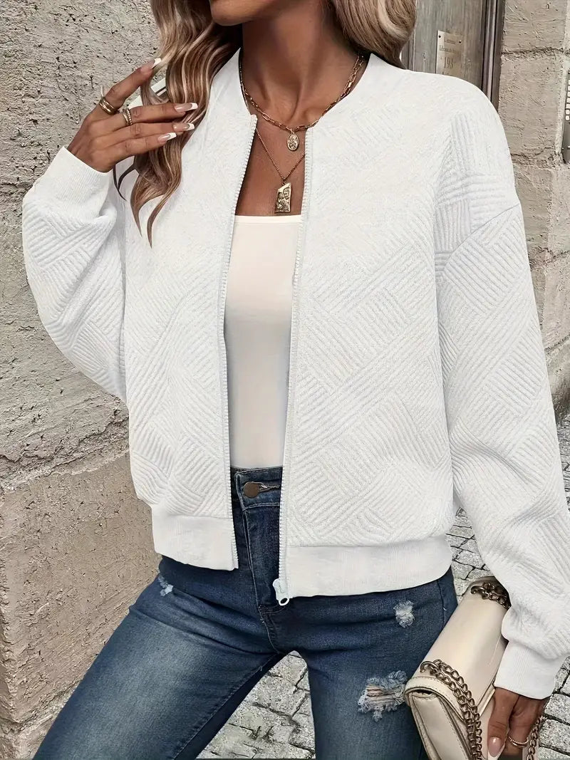 Qamar Cardigan | Women's Autumn Zip-Up Textured Cardigan with Ribbed Hem