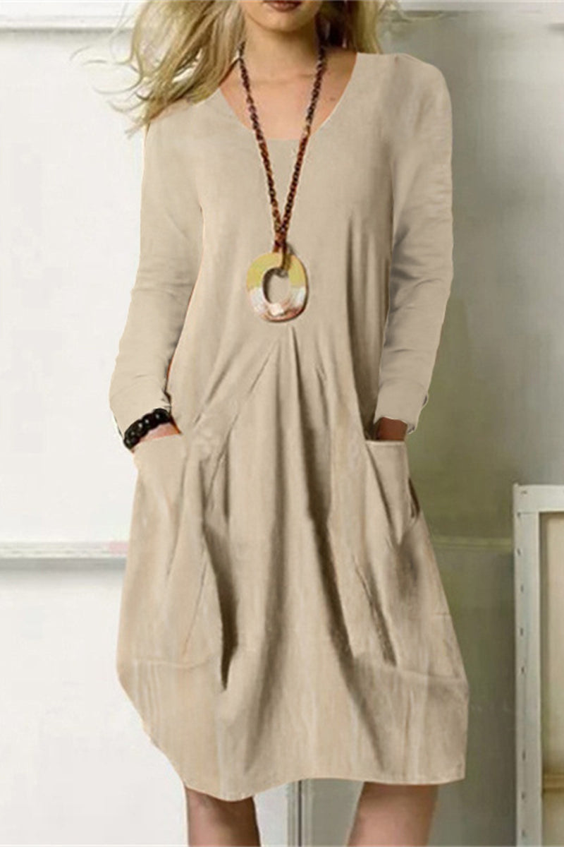 Megan Dress | Casual Solid Pocket O-Neck Long Sleeve