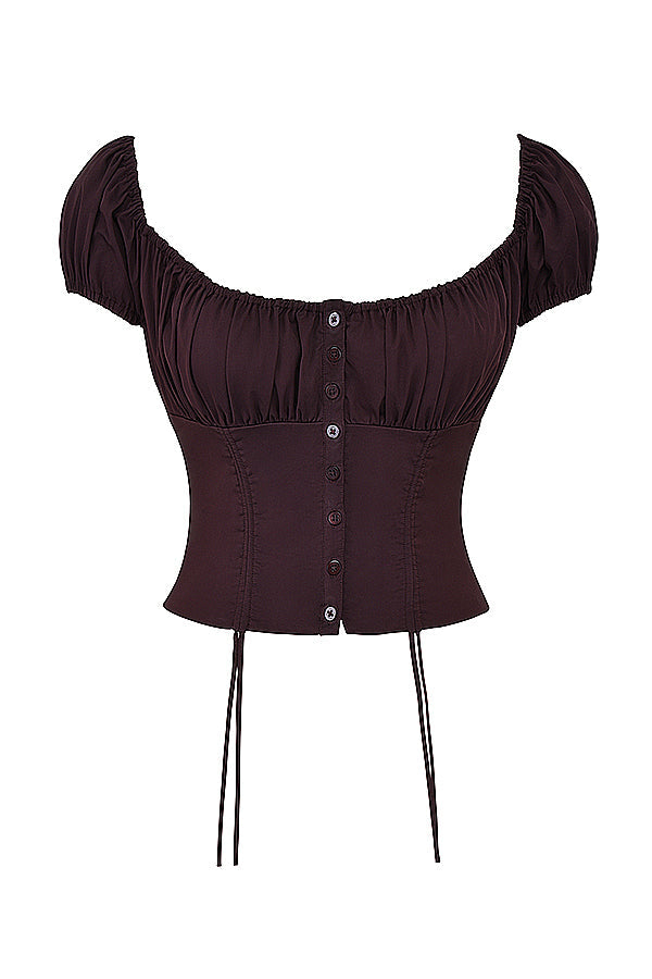 Bayla Two-Piece Set | Women’s Rich Brown Ruffle Top and Midi Skirt with Feminine Flow