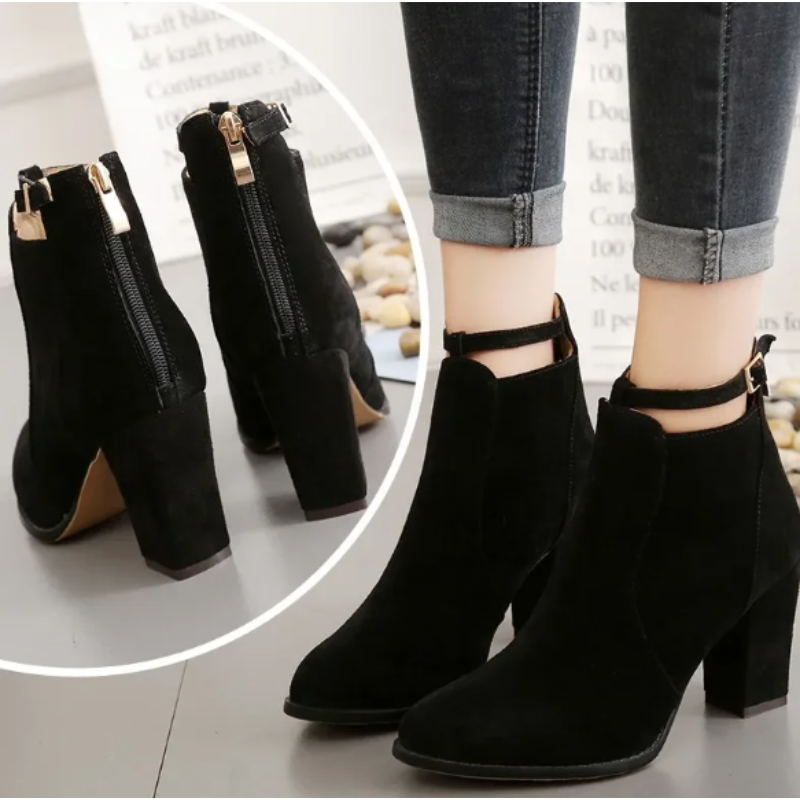 Helen Boots | Women's Buckled High Block Heel Boots