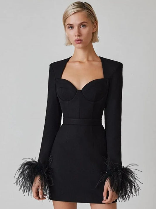 Blair Feather Dress | Women’s Long Sleeve Fitted Dress with Statement Feather Details
