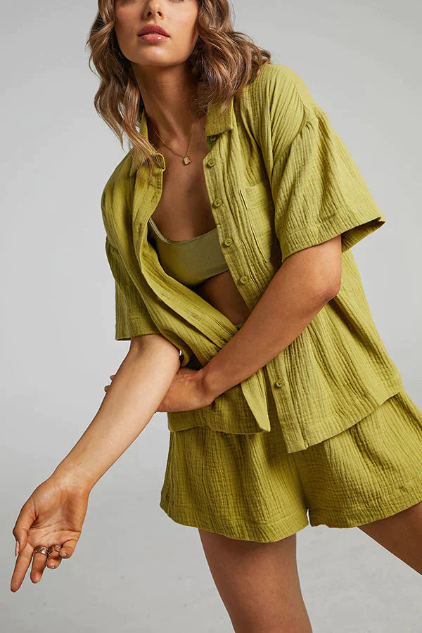 Belinda Set | Women’s Summer Set with Plain Short Sleeve Shirt and Matching Shorts