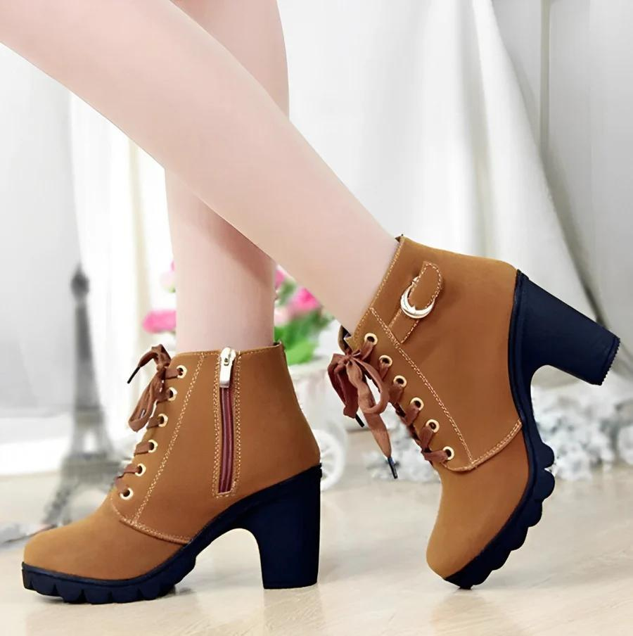 Fina High-Heeled Lace-Up Ankle Boots | Zenique Block Heel with Zipper & Thick Sole