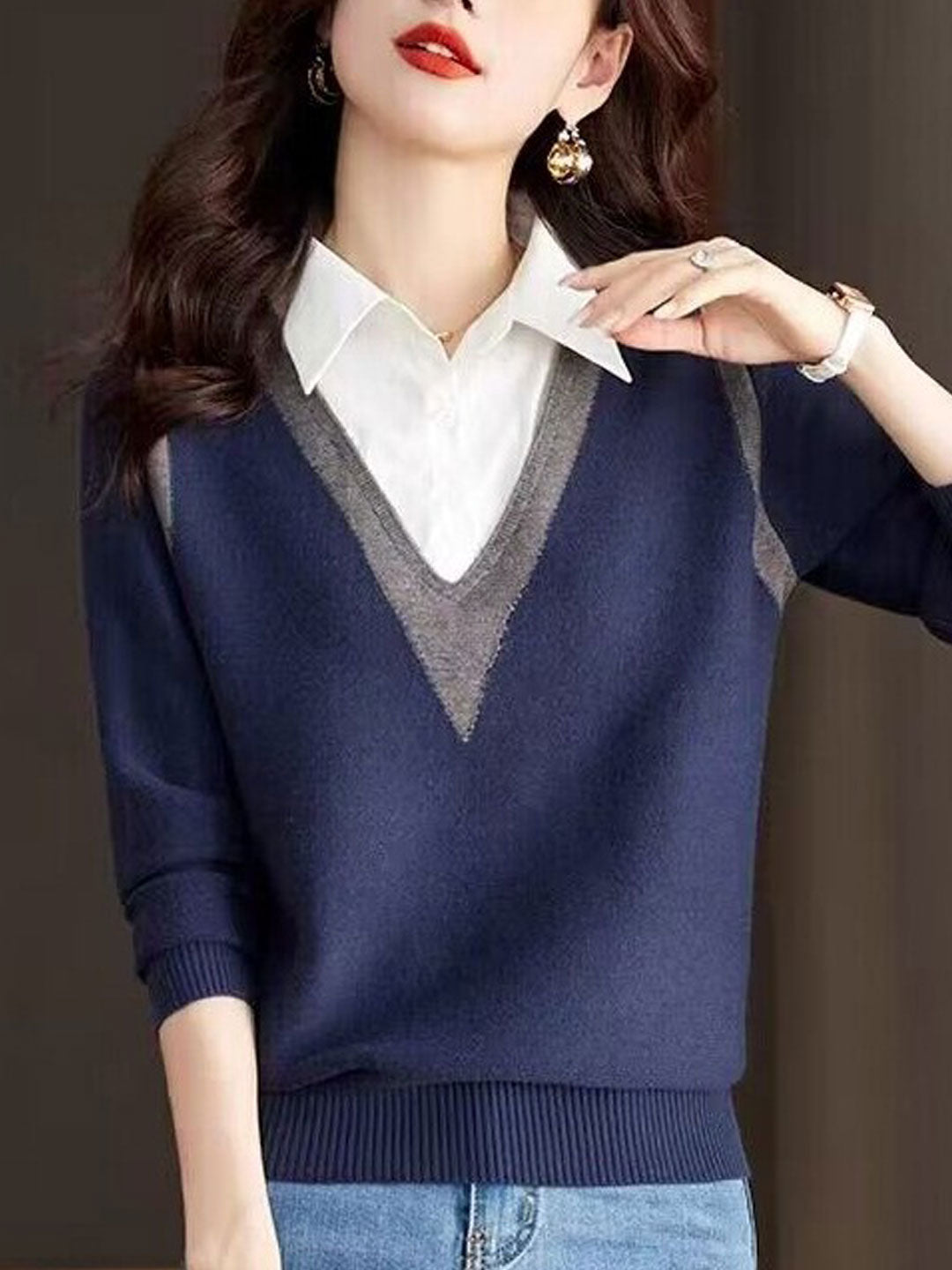 Jemma Sweater | Casual V-Neck Contrast Collar Sweater