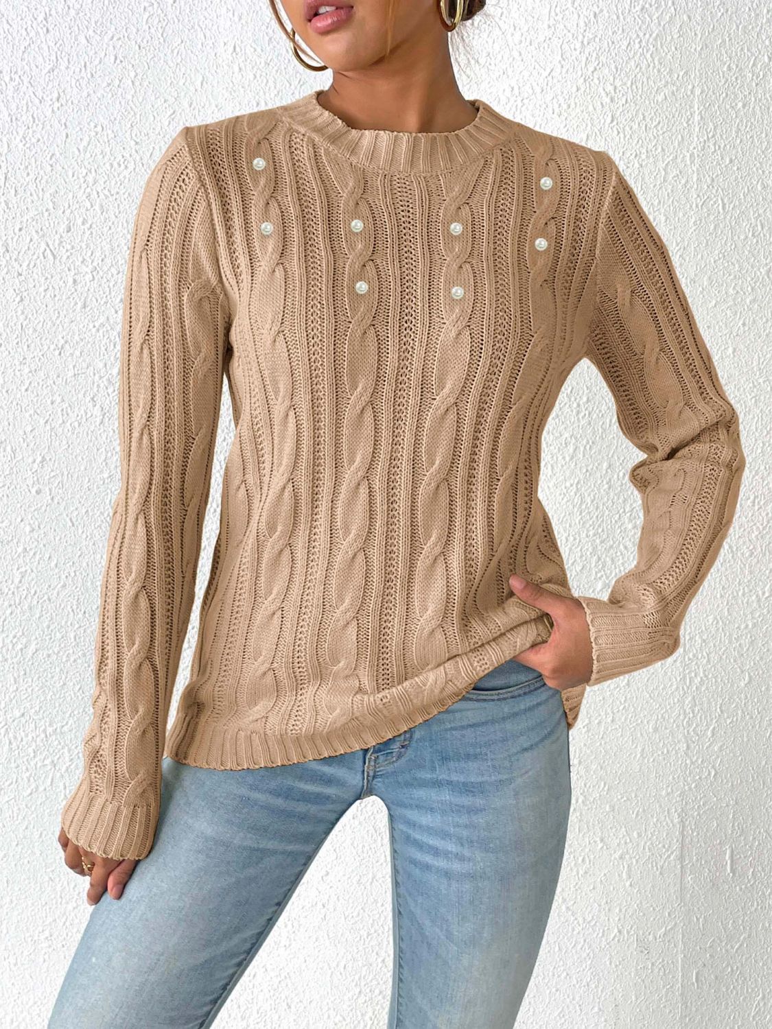 Janessa Women's Warm Knit Sweater | Elegant Weave & Pearl Details