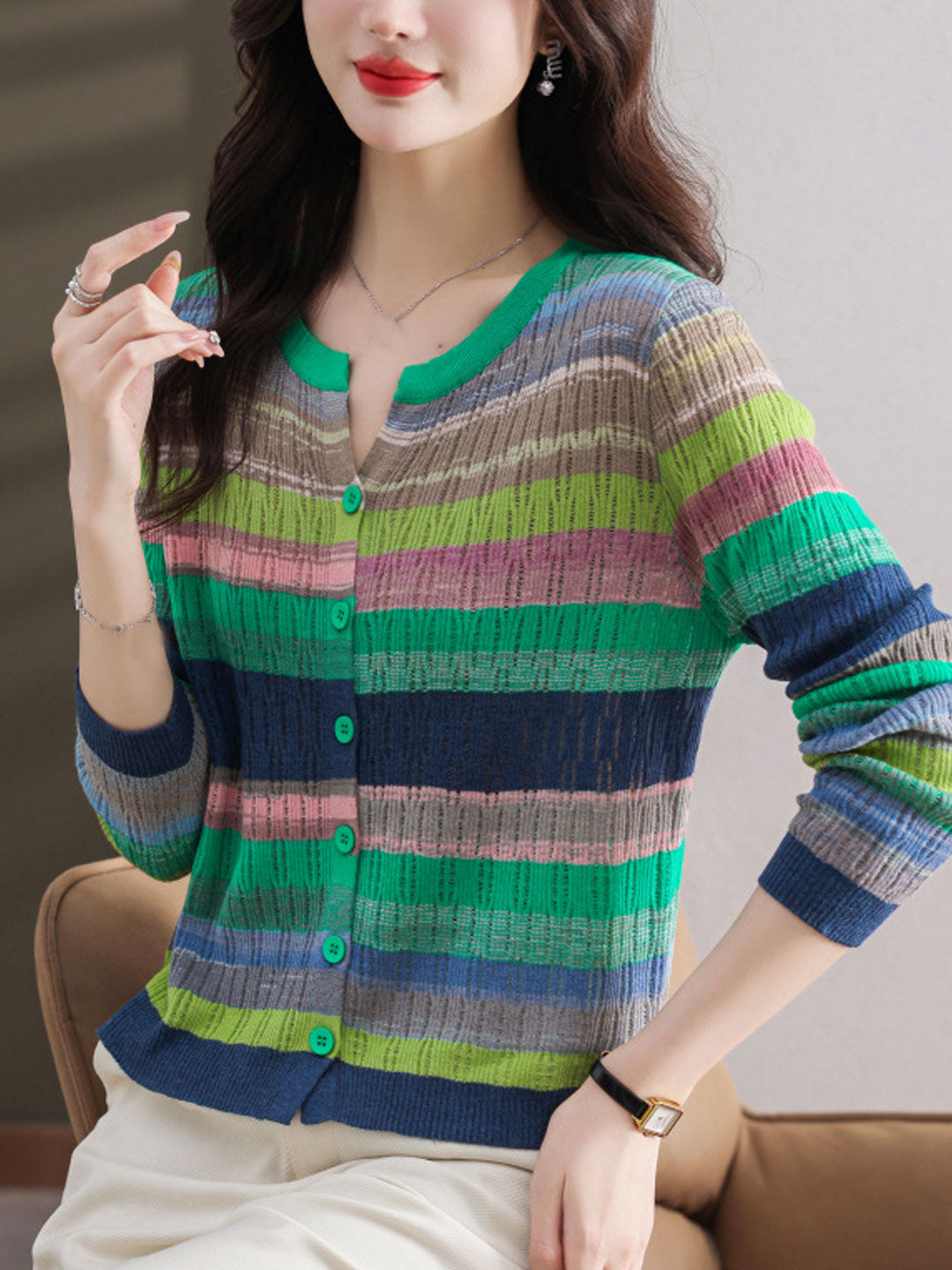 Jalene Women's Striped Knitted Cardigan | Classic Crew Neck Style