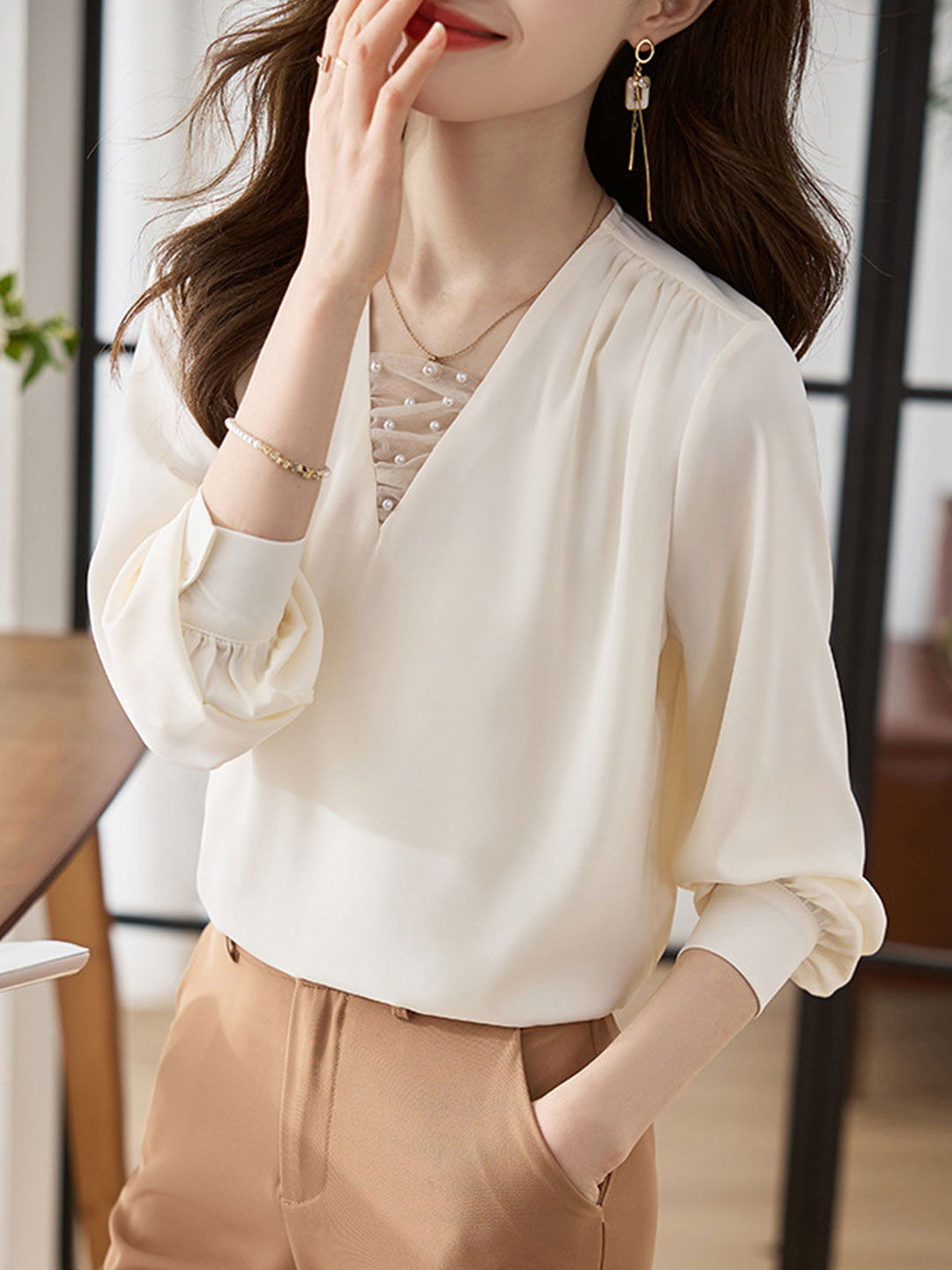 Jillian Blouse | Classic V-Neck Satin Blouse with Pearl Detail