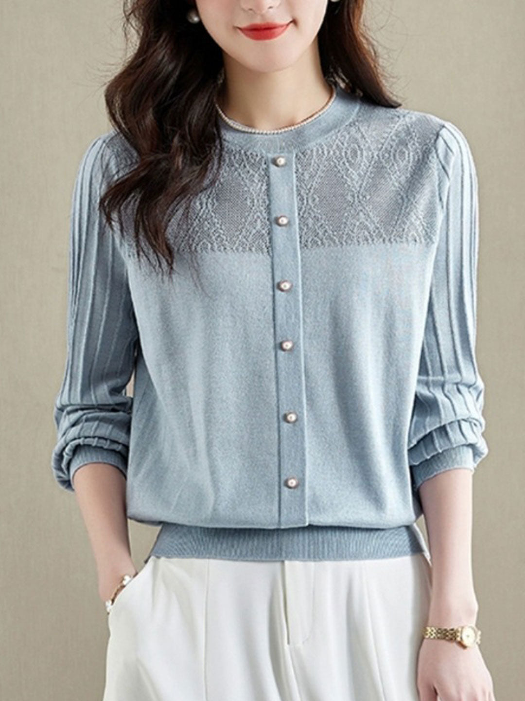 Irina Top | Elegant Lace Knit Blouse with Pleated Puff Sleeves