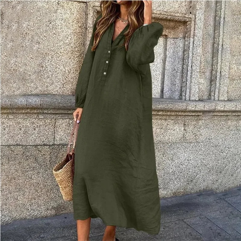 Blyveth Linen Maxi Dress | Long-Sleeve V-Neck Button-Up Flowy Dress for Women