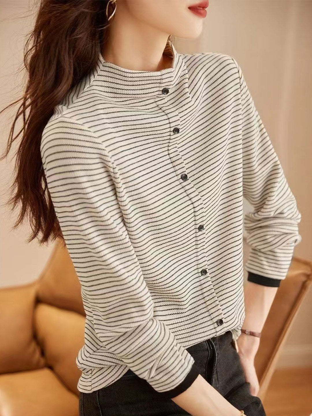 Isabelle Top | Classic Striped Knitted Top with Stand Collar