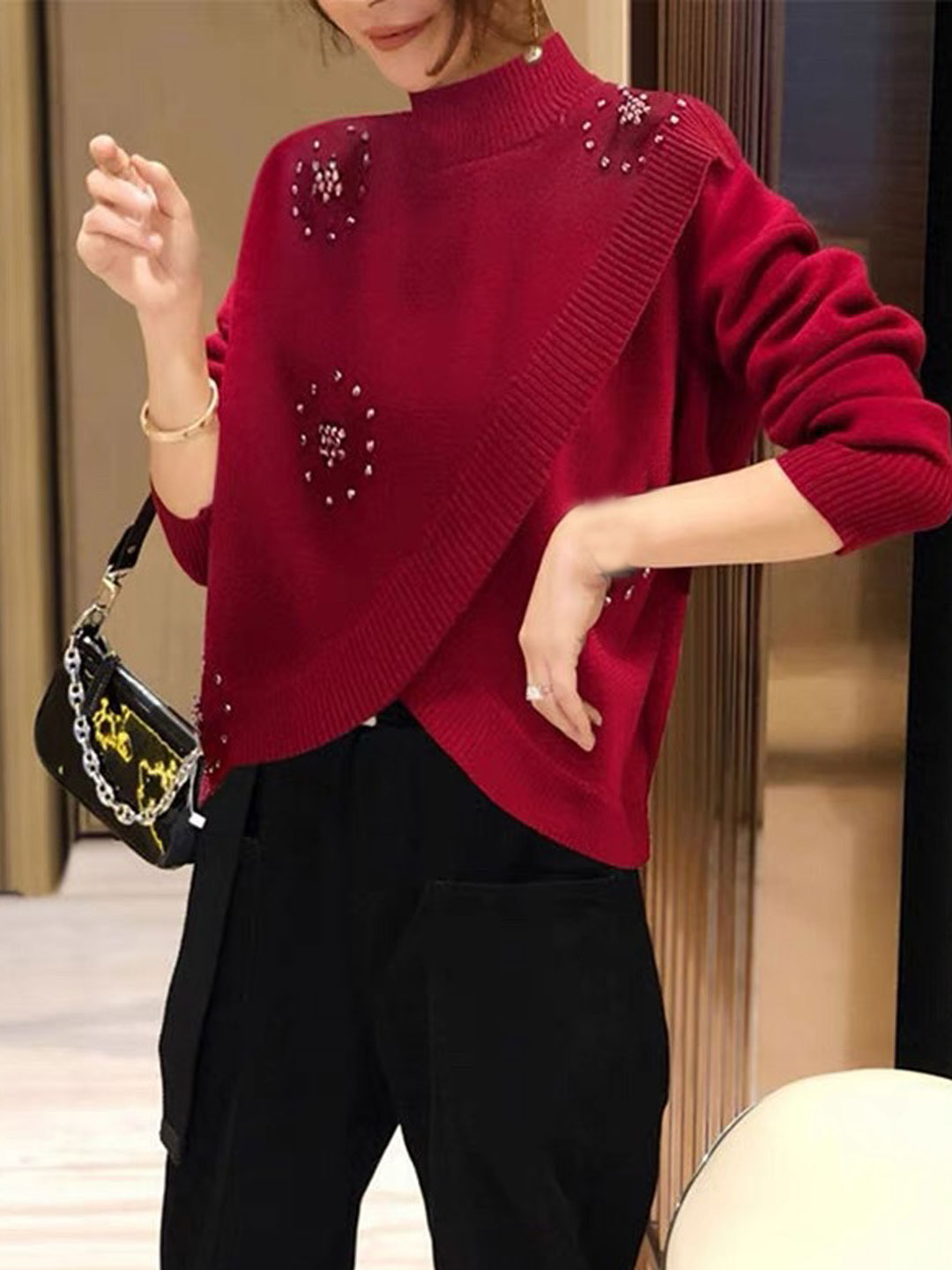 Janelle Sweater | Elegant Studded Cross-Over Turtleneck Sweater