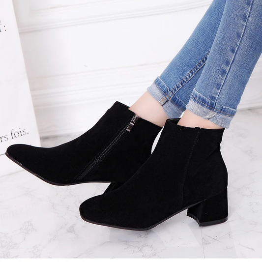 Fabiola Suede Ankle Boots | Side Zip & Low Block Heel