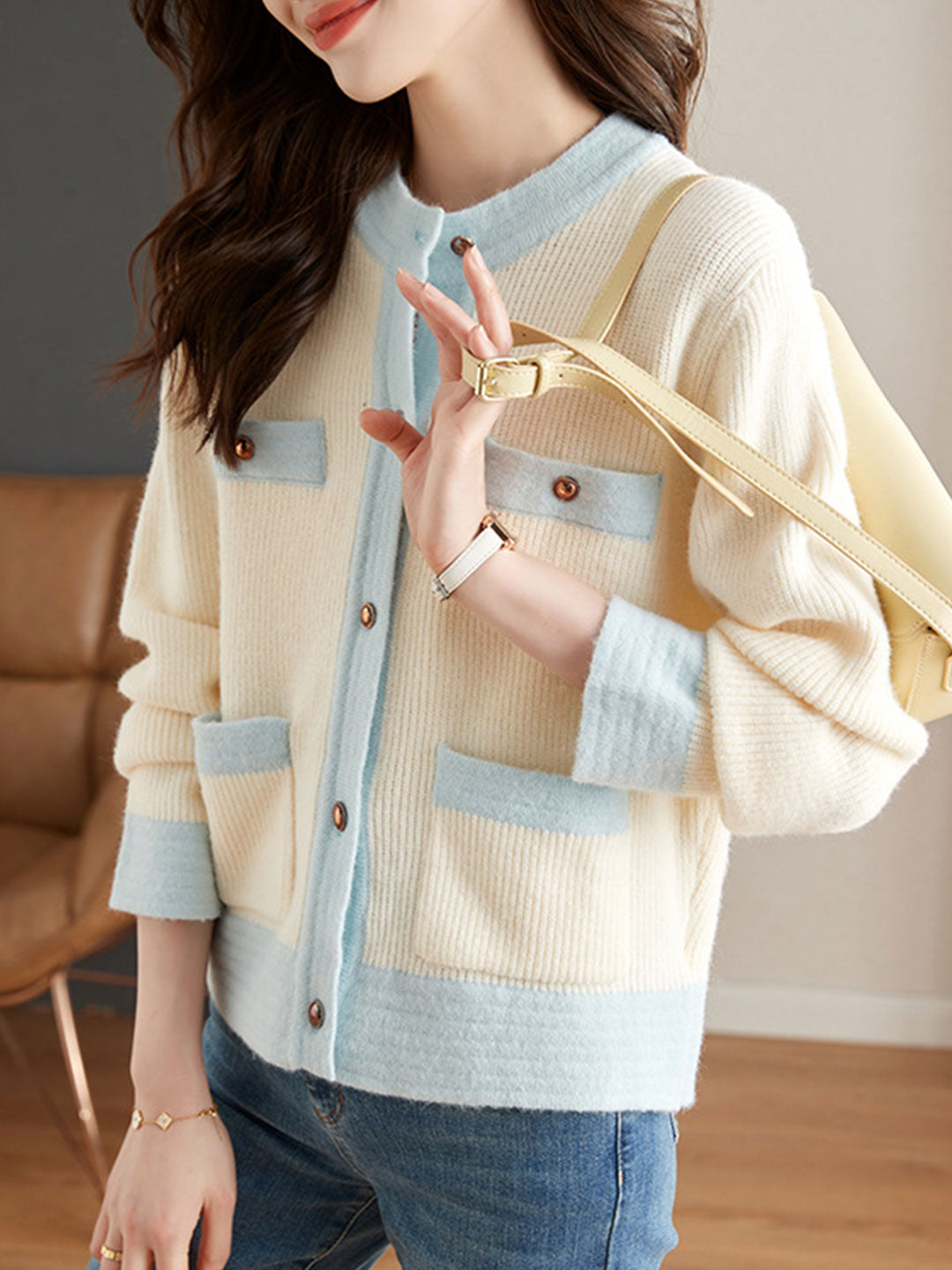 Iveta Cardigan | Classic Two-Tone Knitted Cardigan