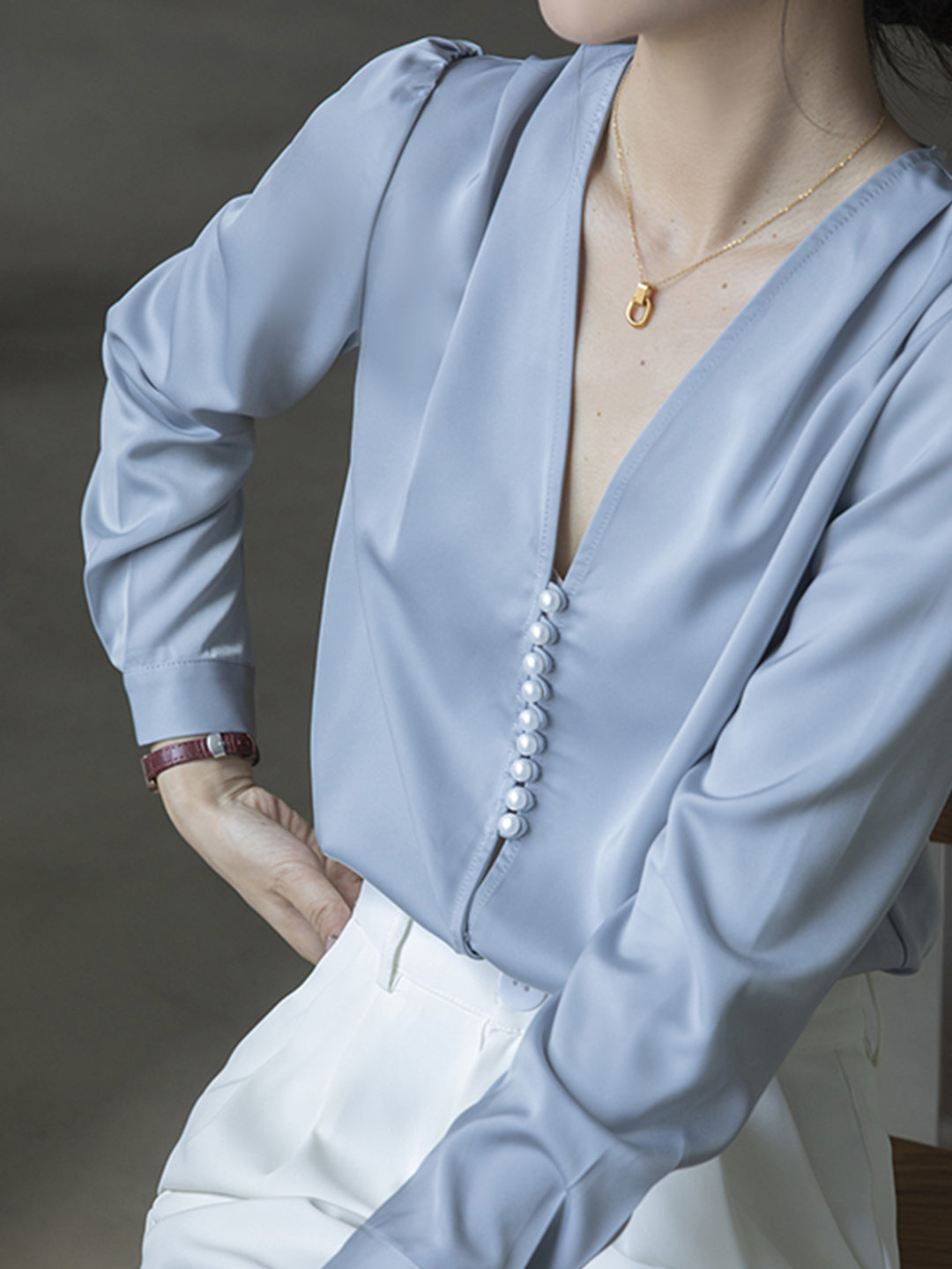 Judith Blouse | Elegant French V-Neck Button Blouse