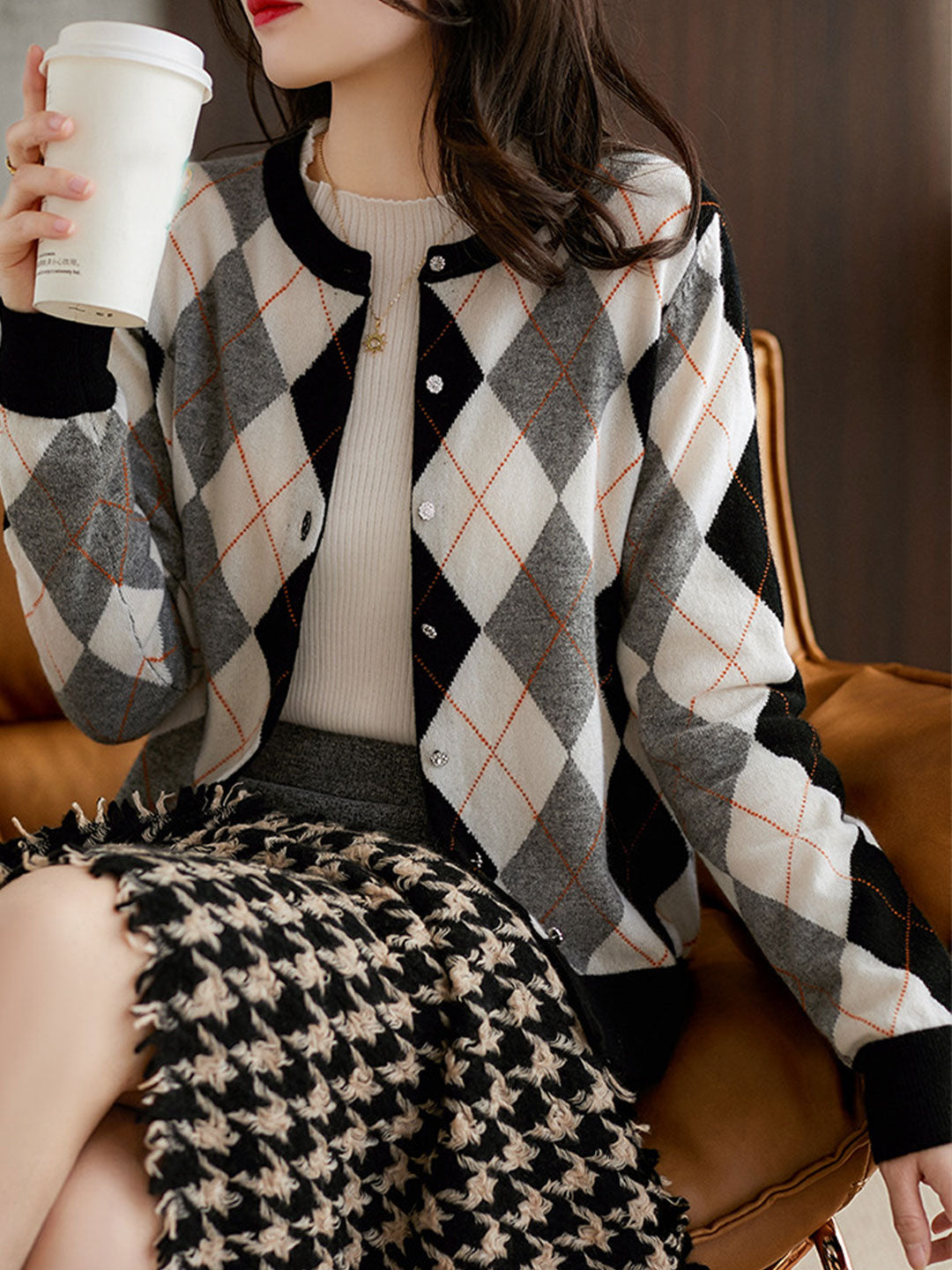 Ilysse Cardigan | Retro Diamond Pattern Knit Cardigan