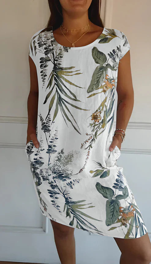Cyralie Summer Dress | Tropical Print Short-Sleeve Casual Dress with Pockets