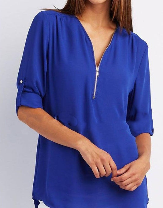 Nerida Top | Women's Autumn Zip V-Neck Loose Top