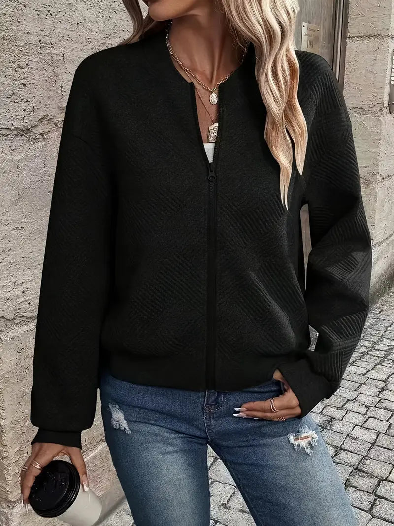 Qamar Cardigan | Women's Autumn Zip-Up Textured Cardigan with Ribbed Hem