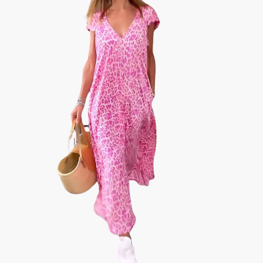 Amelia Midi Dress | Women’s Leopard Print V-Neck Midi Dress with Loose Fit