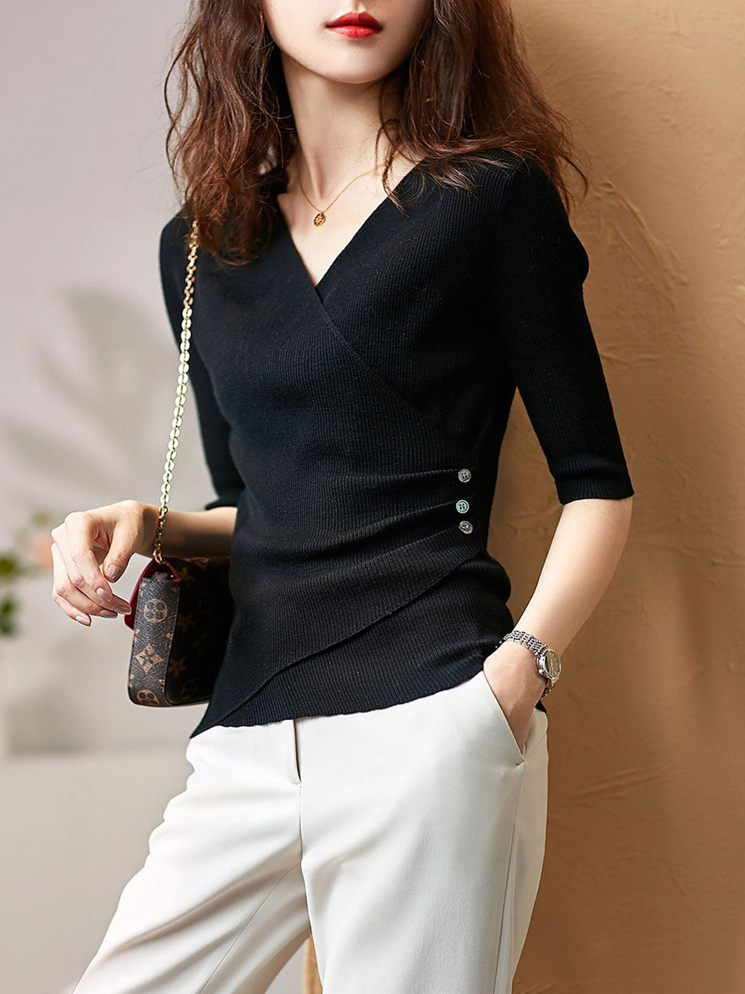 Jeanette Top | Women's Jocelyn Casual V-Neck Solid Color Knitted Top