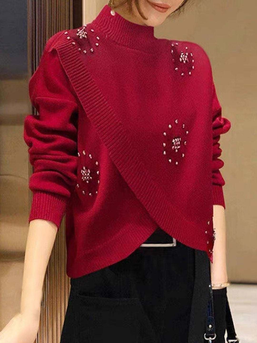 Janelle Sweater | Elegant Studded Cross-Over Turtleneck Sweater