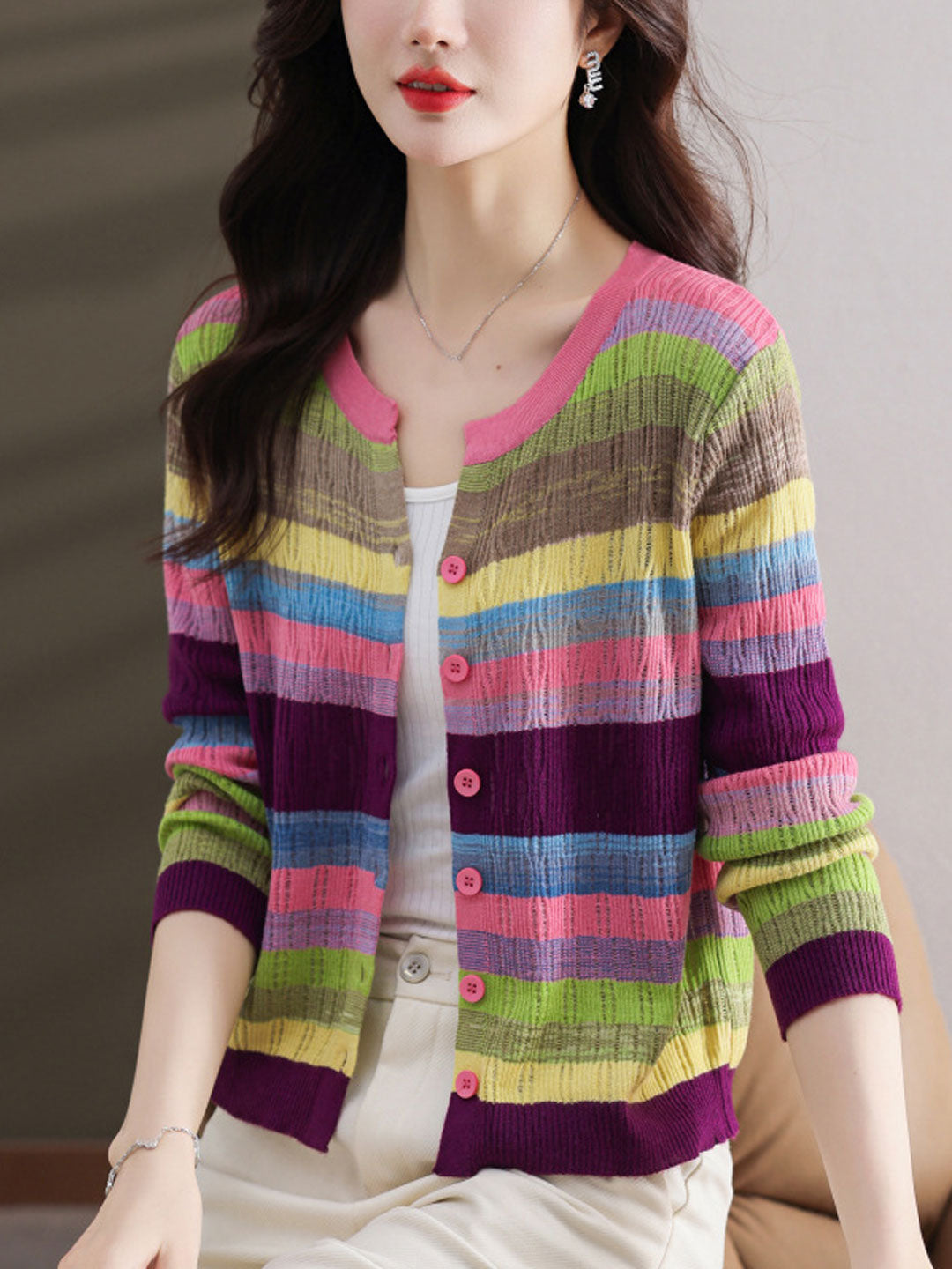 Jalene Women's Striped Knitted Cardigan | Classic Crew Neck Style