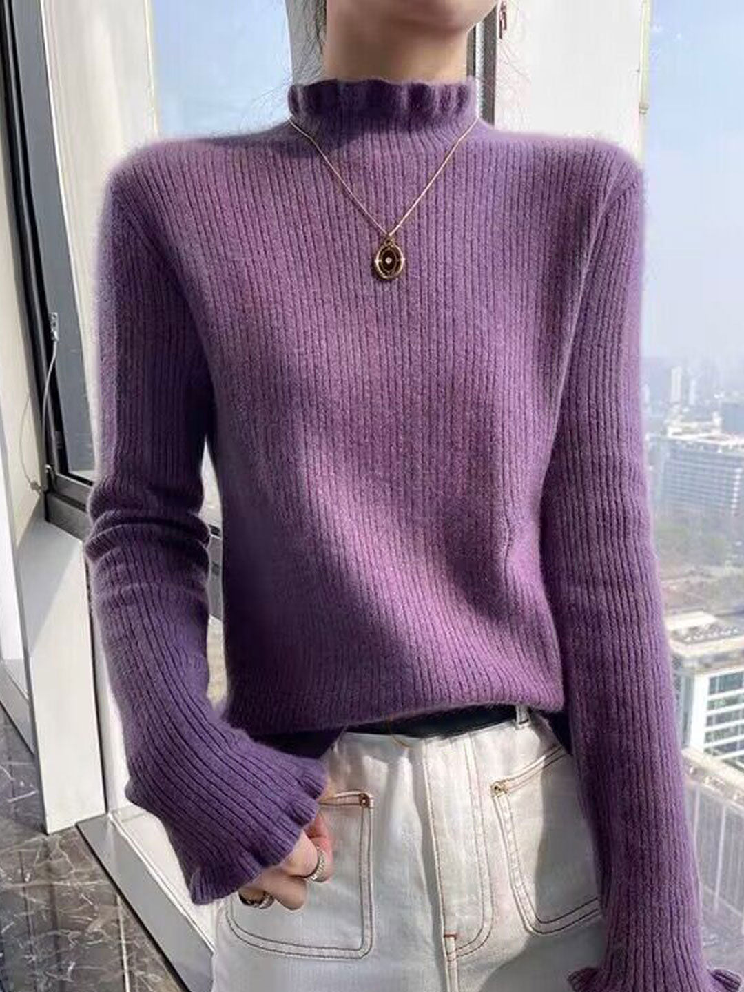 Iria Sweater | Soft Ribbed Mock Neck Sweater with Flared Cuffs