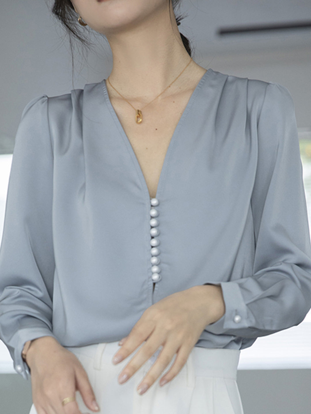 Judith Blouse | Elegant French V-Neck Button Blouse