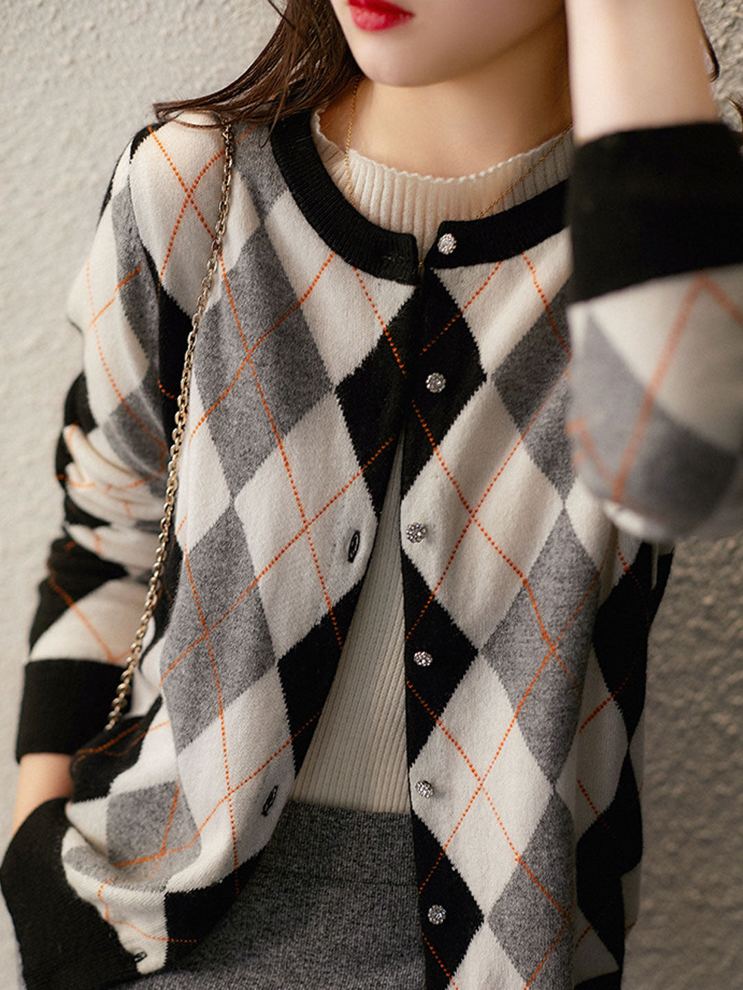 Ilysse Cardigan | Retro Diamond Pattern Knit Cardigan