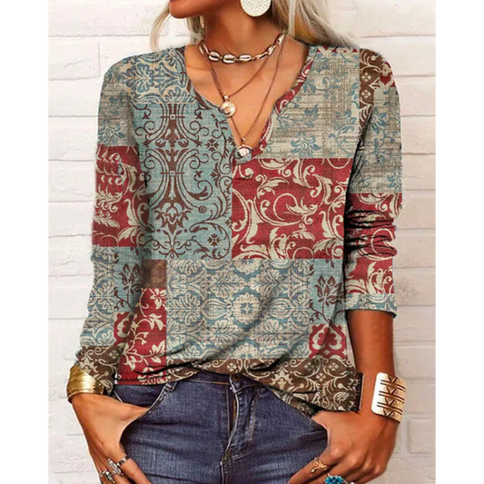 Nichola Top | Women's Autumn Multicolored V-Neck Bohemian Top