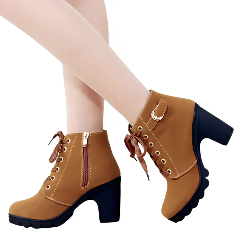 Fina High-Heeled Lace-Up Ankle Boots | Zenique Block Heel with Zipper & Thick Sole