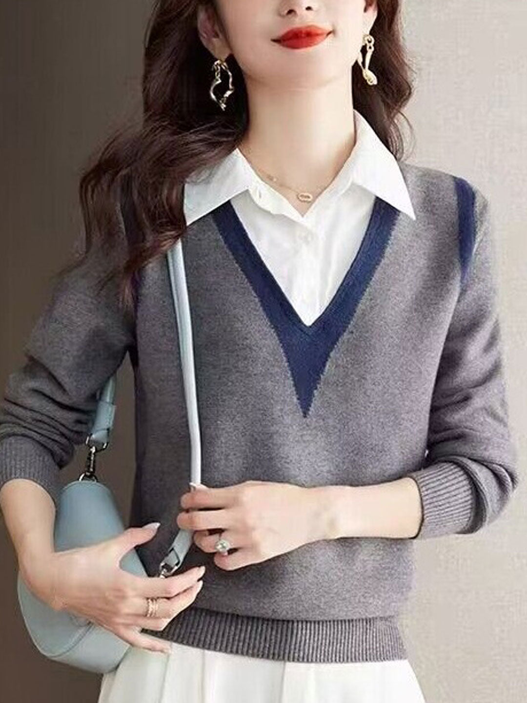 Jemma Sweater | Casual V-Neck Contrast Collar Sweater