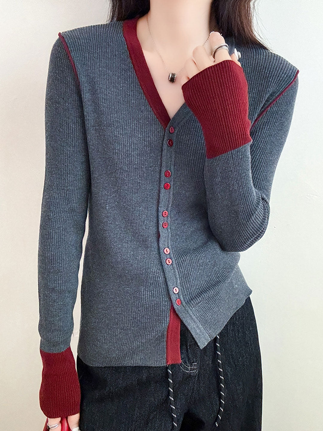 June Cardigan | Women's Classic V-Neck Colorblock Knitted Cardigan