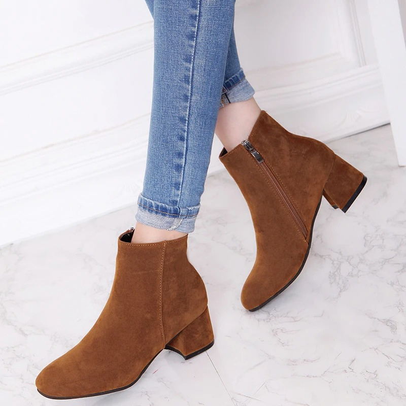 Fabiola Suede Ankle Boots | Side Zip & Low Block Heel