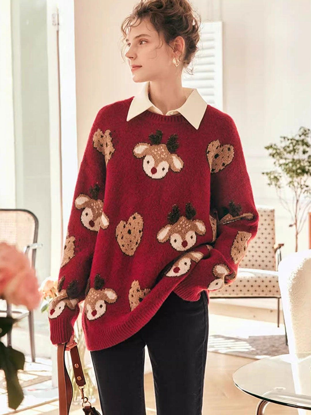 Janiyah Sweater | Retro Reindeer Jacquard Knit Sweater for Women