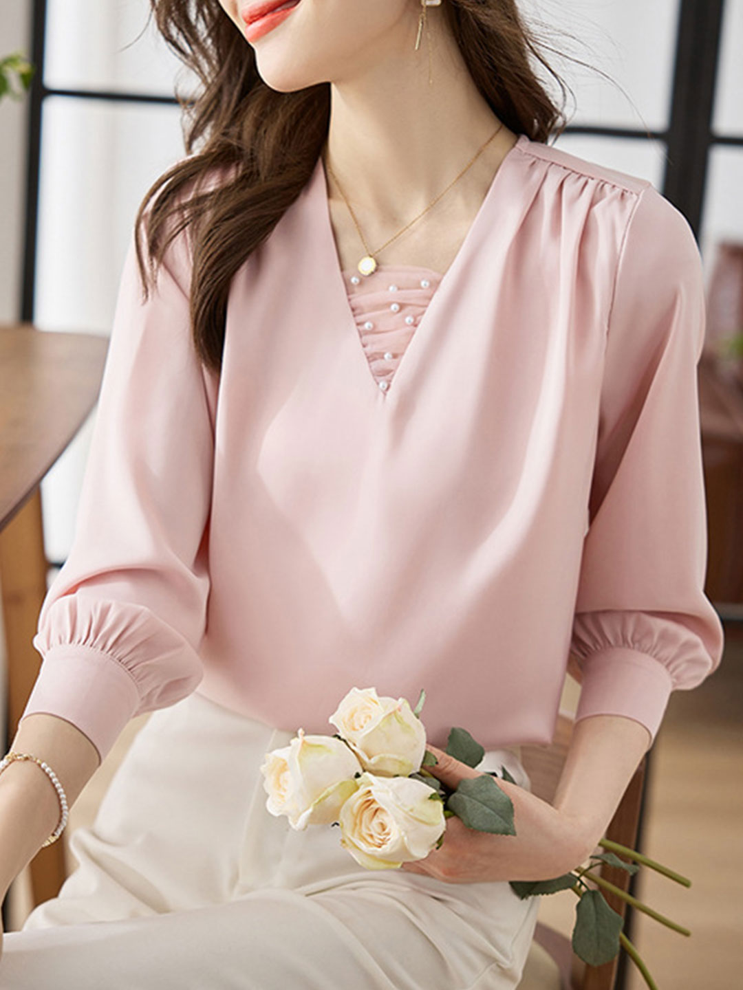 Jillian Blouse | Classic V-Neck Satin Blouse with Pearl Detail