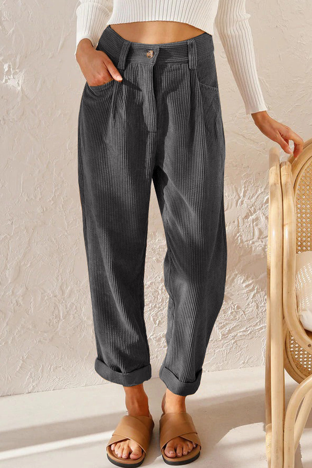 Xena Trousers | Grey Corduroy High Waist Straight Leg Pants