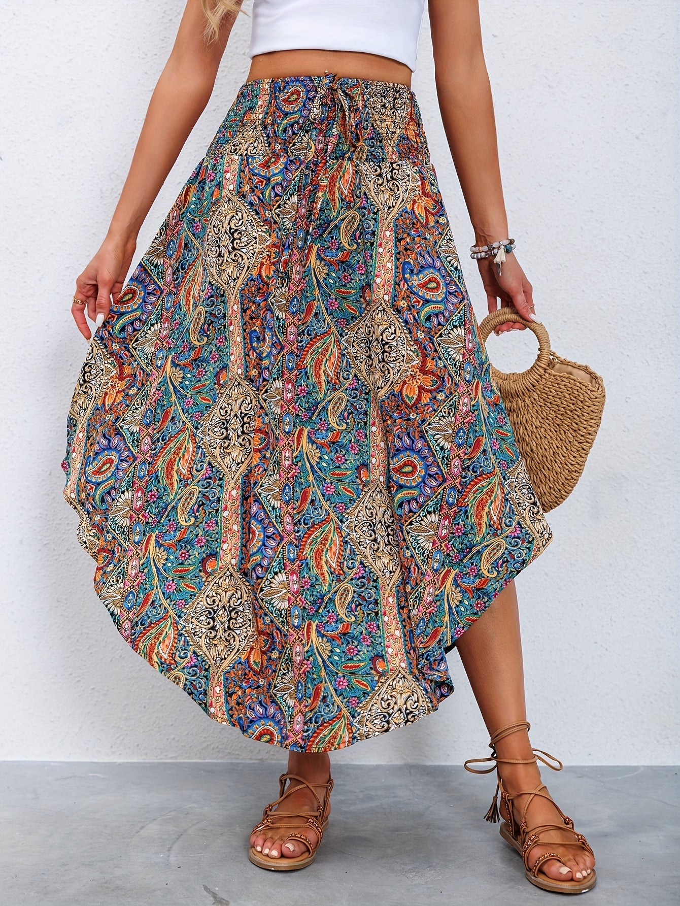 Baenya Paisley Skirt | High-Waist Lace-Up Flowy Skirt
