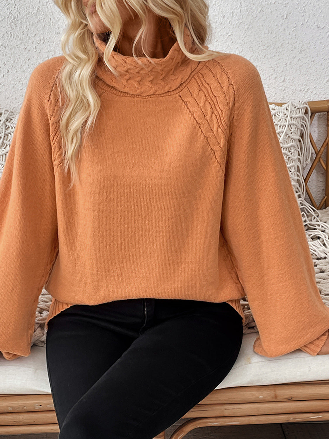 Fleurette Sweater | Cable Knit Turtleneck Long Sleeve Sweater