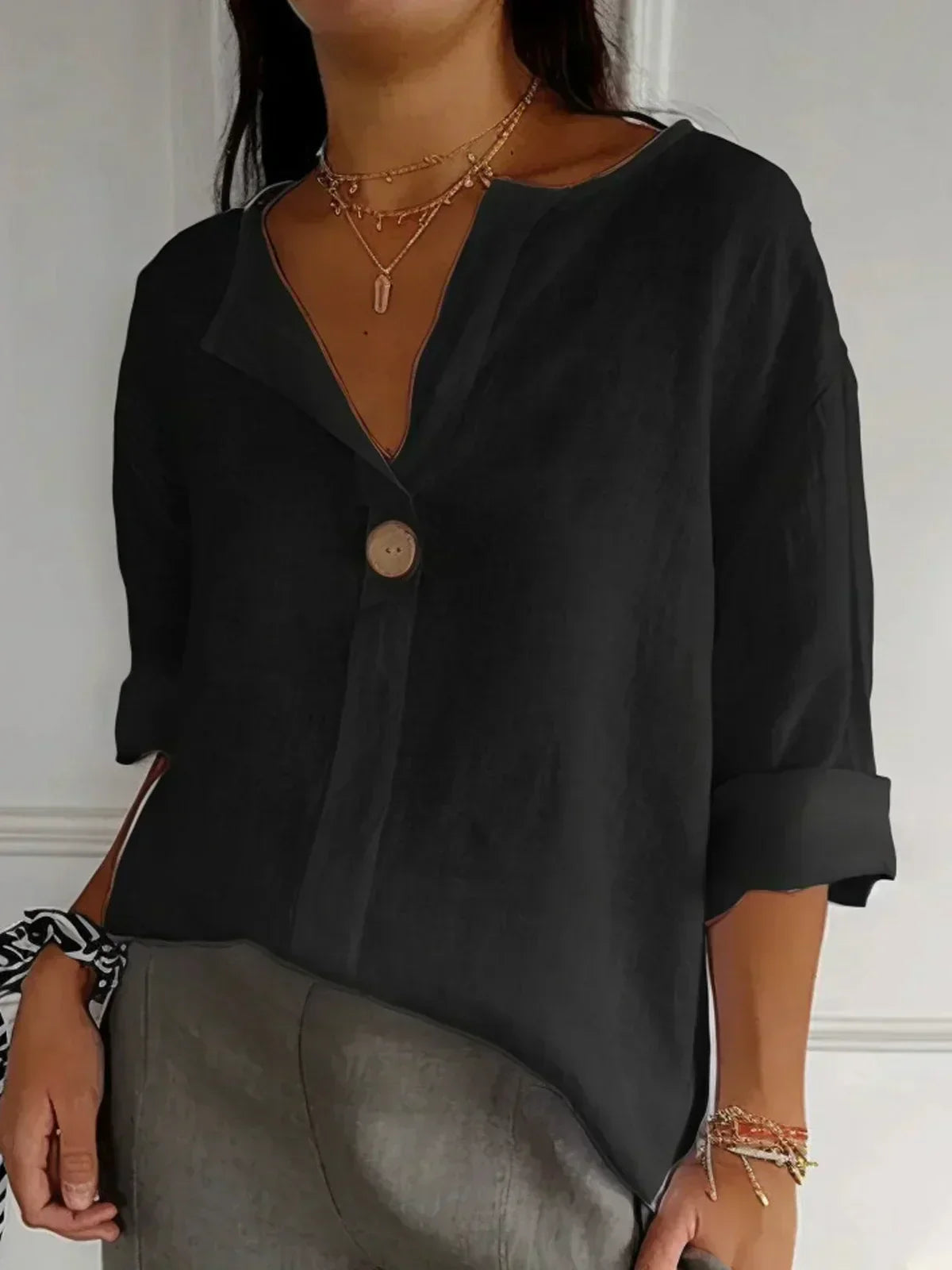 Elenya Blouse | Lightweight Linen-Look Blouse with V-Neck and Single Button Detail