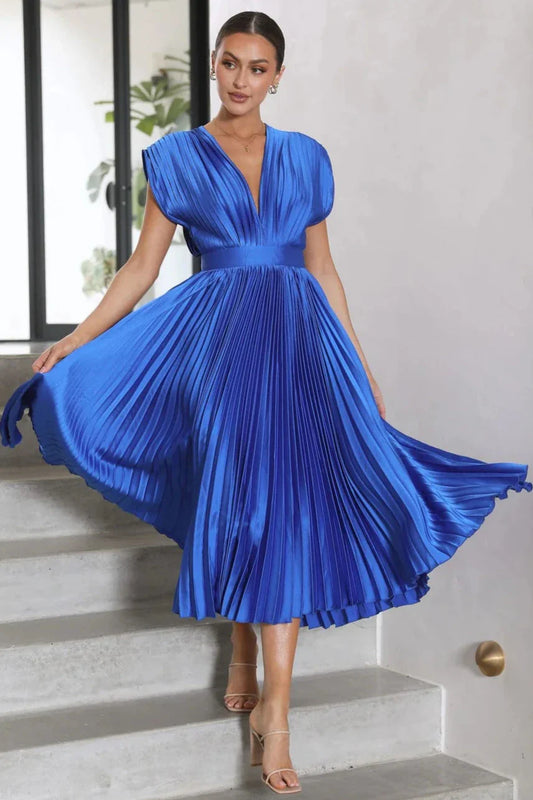 Imani Dress | Pleated V-Neck Midi Dress