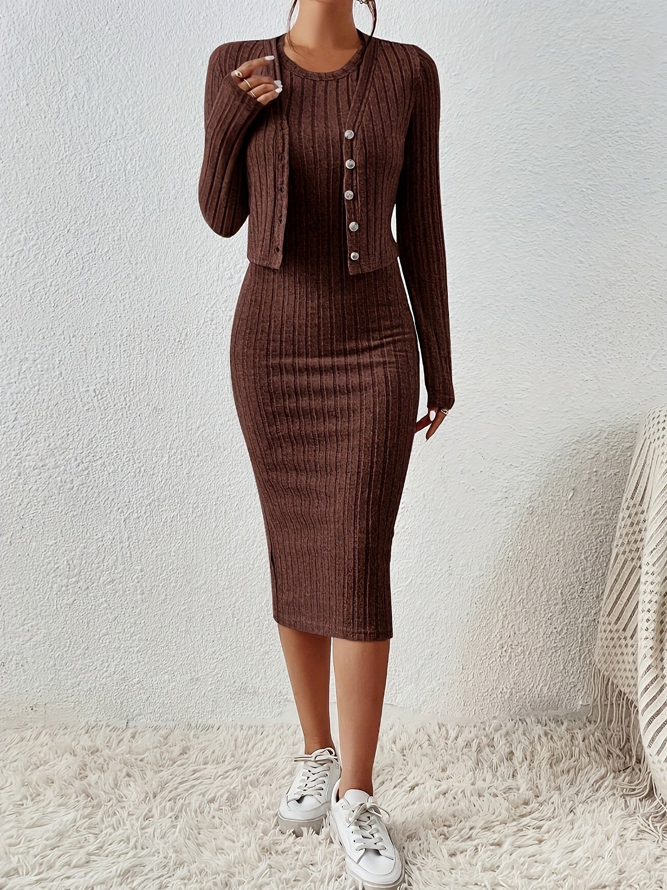 Jayden Two-Piece Set | Elegant Ribbed Knit Dress with Cardigan