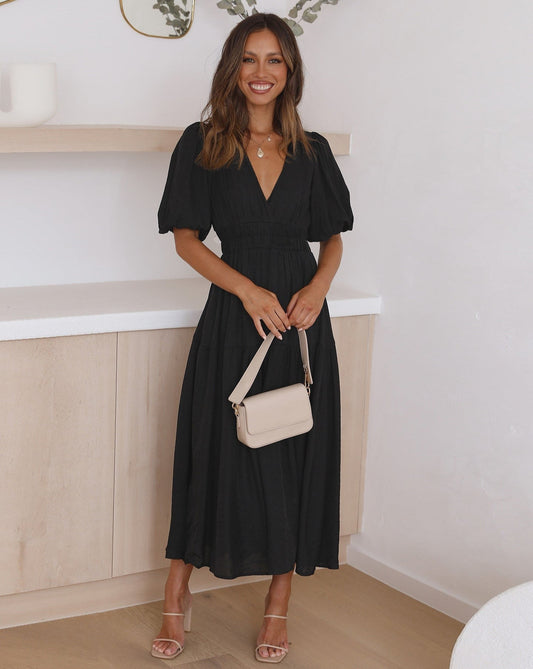 Qiyana Dress | Women's Autumn V-Neck Puff Sleeve Midi Dress